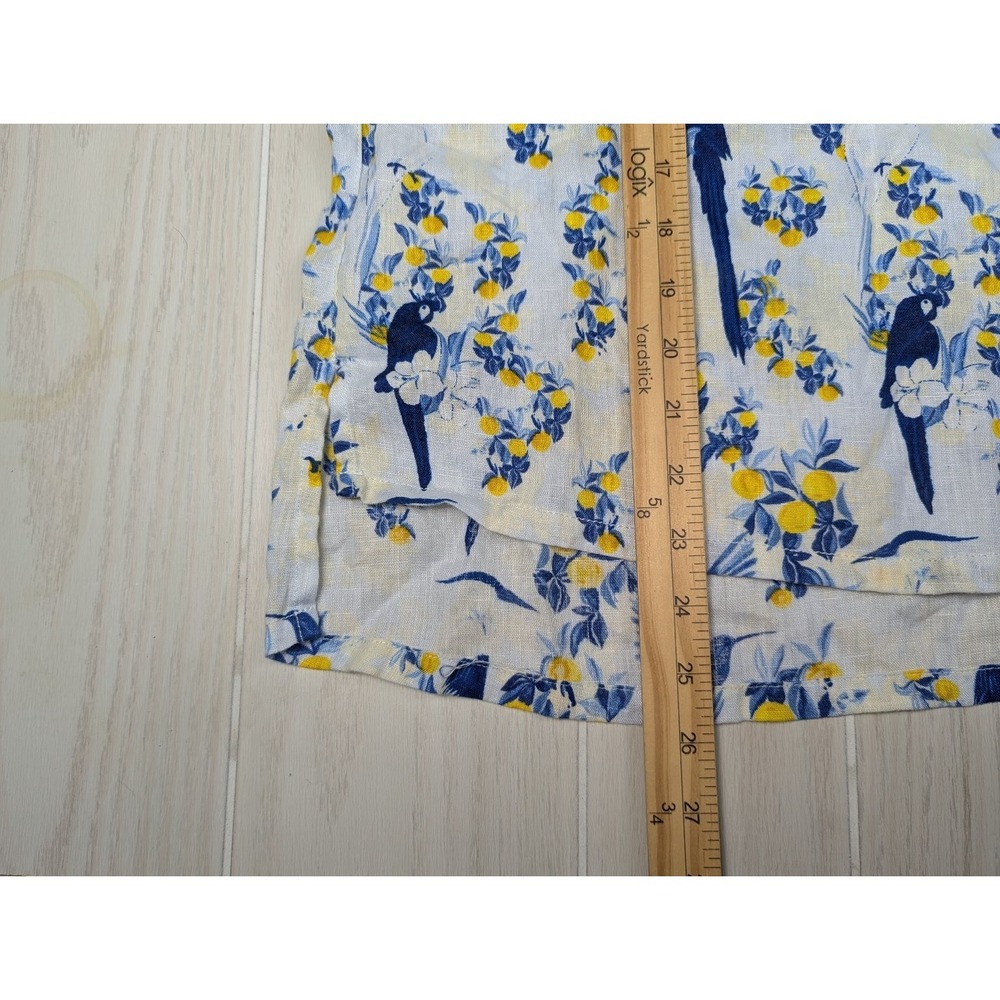 Isaac Mizrahi Women's Linen Button Front Shirt Blue Yellow 1X Floral Birds - Picture 8 of 9